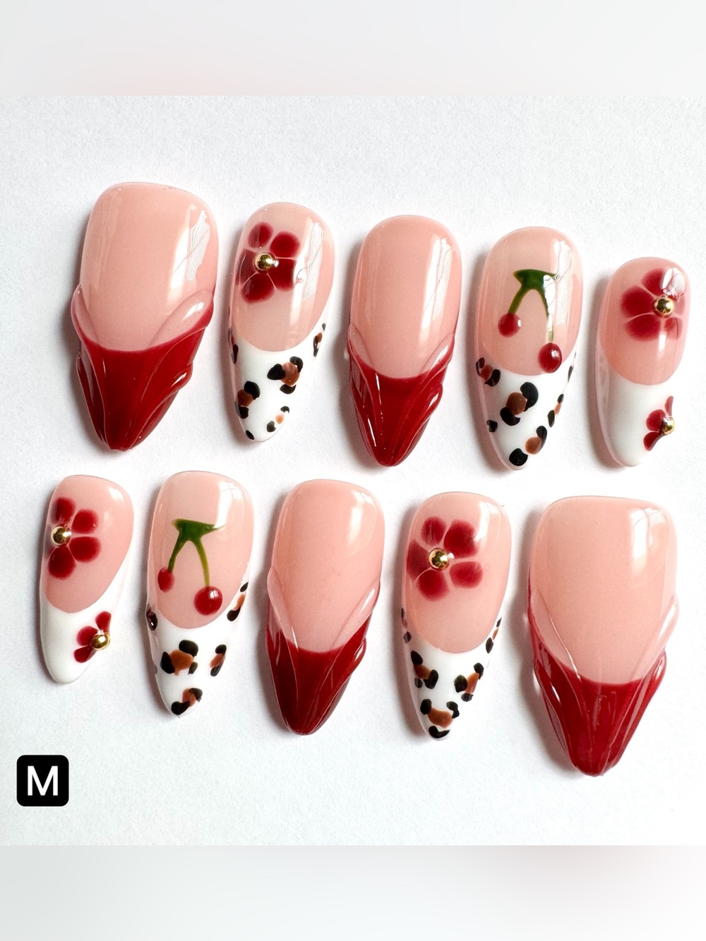 Nude Pink & Red Floral Cherry Press-On Nails